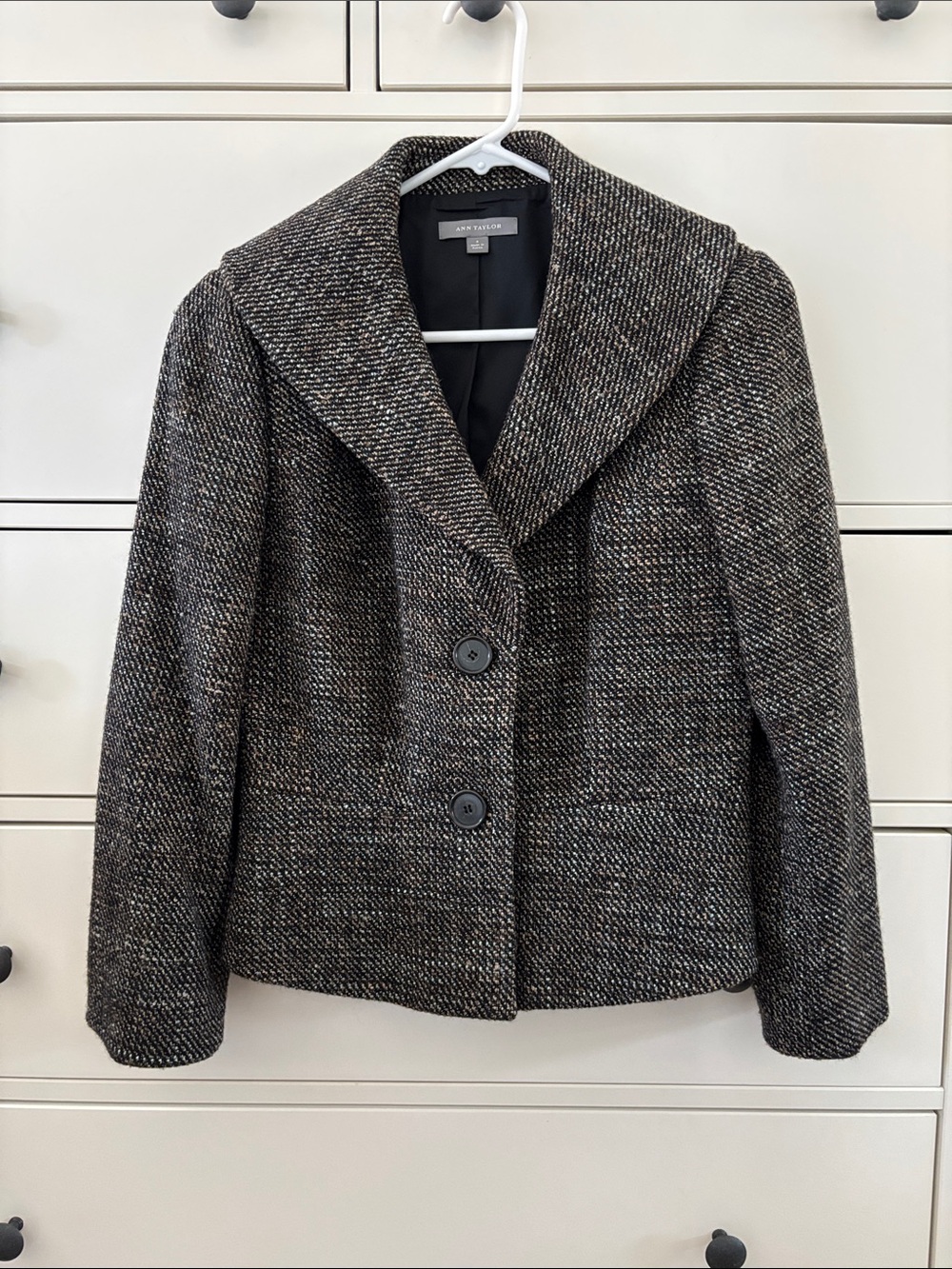 Ann Taylor Black and Gray Tweed Shawl Collar Pea Coat